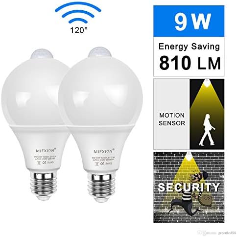 2 Pack 9W PIR Motion Sensor Light Bulb Indoor,Smart Sensor Bulb E26/E27 Outdoor Motion Activated Light Bulb Cool White Auto Switch LED Night Light Bulb for Frontdoor Stairs Garage Corridor Walkway