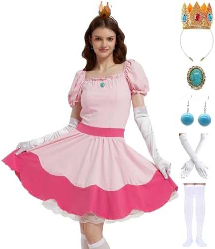 IDOPIP Disfraz De Princesa Peach Para Mujer – Vestido, Corona Y Guantes, 3 Piezas Para Cosplay Y Halloween