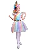 Girl's Rainbow Unicorn Costume with Wings & Headpiece, Medium (8-10)