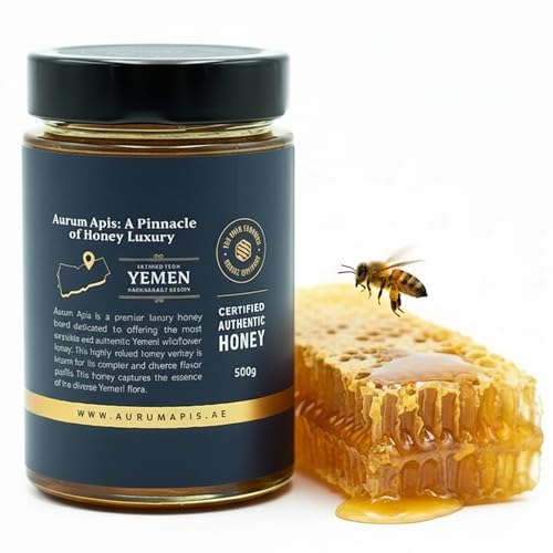 Aurum Apis Yemeni Wildflower Honey, 100% Raw Natural Sweetner Unadultrated Unfiltered, Pure Floral Sourced Hand Harvested Organic Honey, Non-GMO, Rich Nutrients & Energy Source – 500g Honey Jar