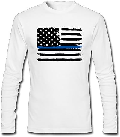 Man American Flag With Thin Blue Line Cotton Comfort Long-Sleeve Tshirt Crew Neck