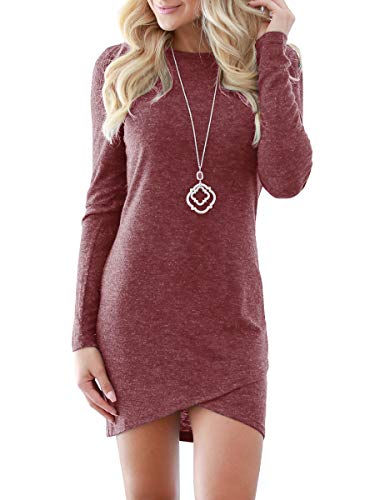 CNJFJ Womens Bodycon Mini Dresses Elegant Wrap Hem Long Sleeve Crew Neck Short Club Dress Wine