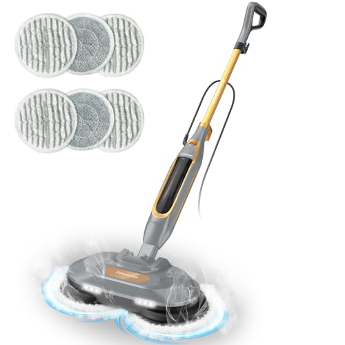 Funsteam Steam and Scrub Mop, Steam Mop with Dual Rotating Pads, Swivel Steering, 2 LED Headlight, 4 Cleaning Modes, 15.2 fl oz Tank, 6 Washable Pads for All-in-One Sealed Hard Floors