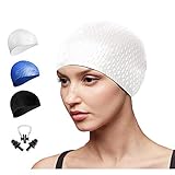 Go-sport Swim Cap Women, Silicon Women Swimming Cap with 3D Ergonomic Design,Long Hair Design for Women Men with Nose Clip& Ear Plugs