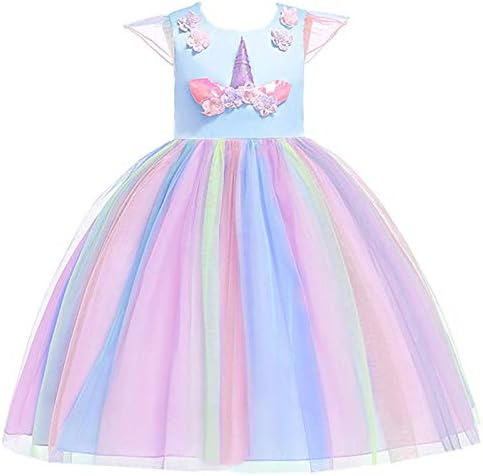 KYMIDY Girls Unicorn Rainbow Tutu Dress Ruffled Sleeveless Birthday Wedding Party Dress 2-12 Year