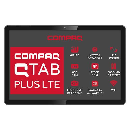 Compaq Tablet QTab Plus LTE 11 Pulgadas, Android 16, 8GB RAM 128GB ROM, 4G LTE, Procesador Octacore MT8781, Cámara 16MP, Batería 8000mAh, WiFi, Color Negro