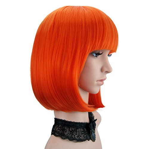 eNilecor Short Bob Hair Wigs 12" Straight with Flat Bangs Synthetic Colorful Cosplay Daily Party Wig for Women Natural As Real Hair+ Free Wig Cap (Orange)