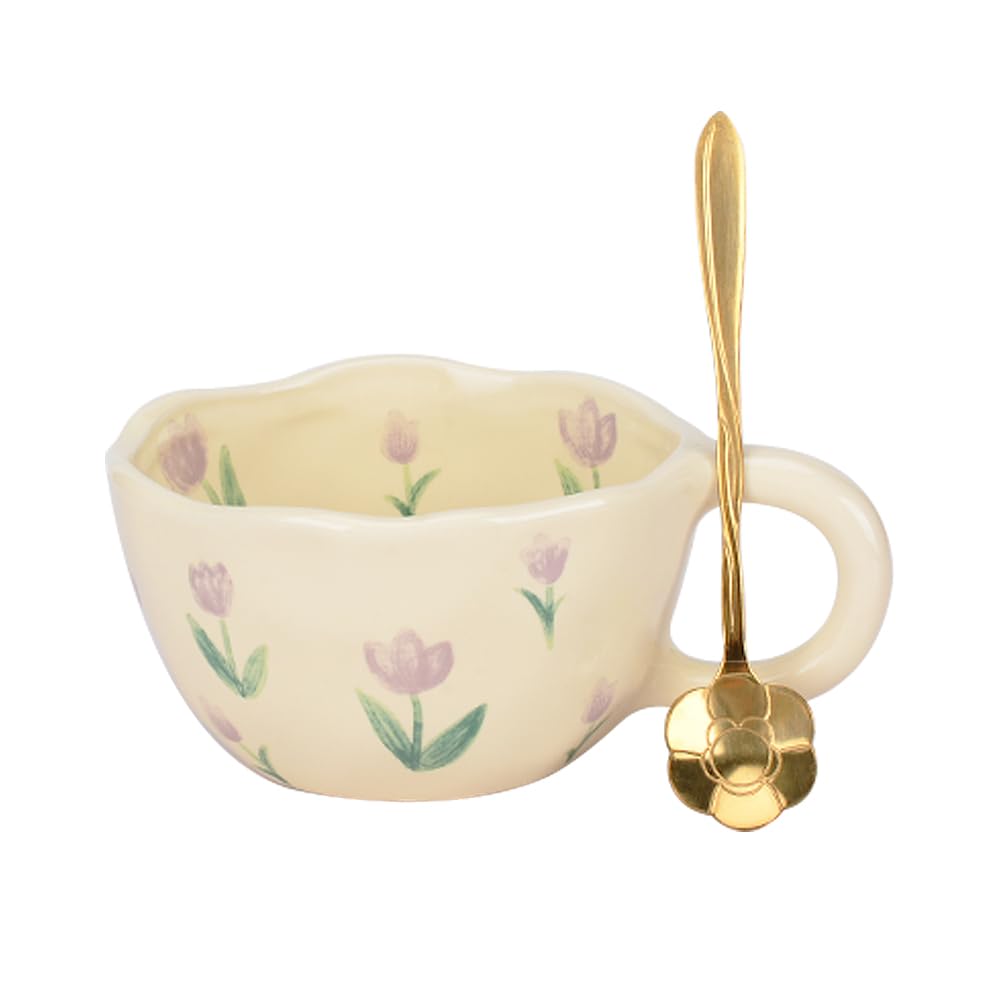 XinHuiGY Cute Coffee Mug, Ceramic Tea Mugs, Handmade Irregular Coffee Cup, Purple Tulip Flower Mug with Spoon, Aesthetic Mugs for Milk Cocoa, Mother’s Day Gift for Mom Women Christmas 250ml (Purple)