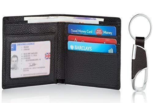 Roundhause Black Designer Slim Bi fold Mens Wallet Real Leather Credit Card Holder Organiser Paper Money Purse and Leather Key Holder Gift Box Set (Black) Present For Gents