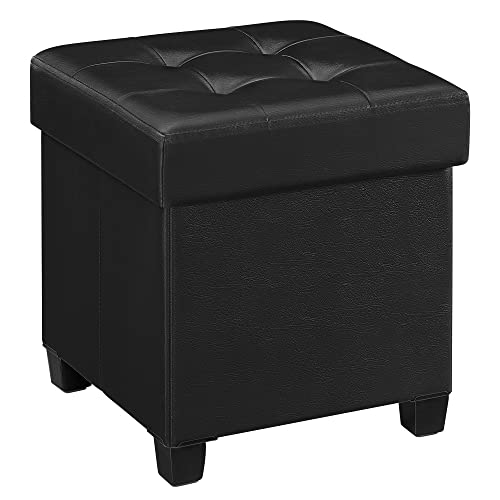 SONGMICS 15.7 Inches Storage Ottoman, Padded Folding Footrest, Chest with Lid, Solid Wood Feet, Space-Saving, Holds up to 660 lb, Black ULSF14BK