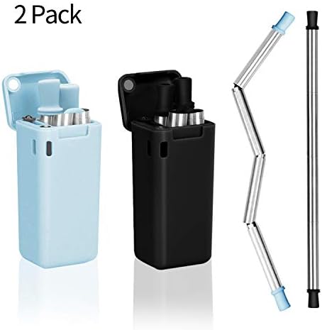 Estefanlo Collapsible Reusable Straws,Stainless Steel Reusable Foldable Drinking Straws,Food-Grade Silicone Straws,Portable Set with Case and Cleaning Brush for Travel,Household,Outdoor (Black&Blue)