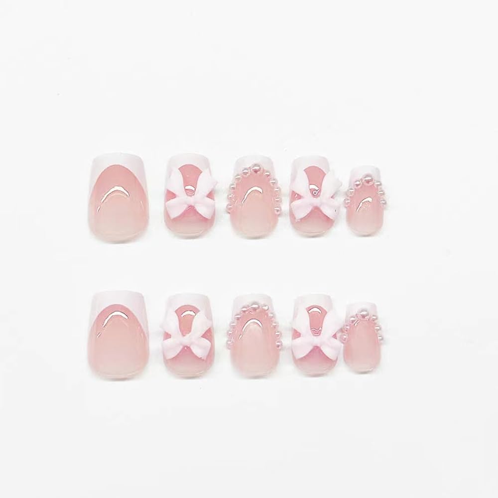 Short Press On Square Fake Nails - White French Tip, Pink Acrylic, Pearl Bow Charms Design - Glue On, Glossy Full Cover Stick On Nails - 24 Pcs - Image 4