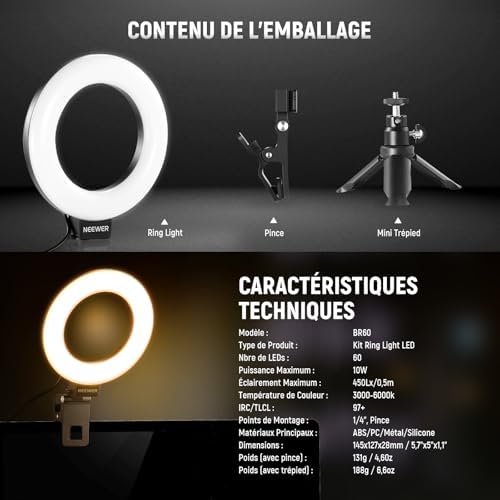 Basics Ring Light 5" avec Mini Trépied pour Vidéoconférence,Kit Streaming à Clipser pour Moniteur,Webcam,Ordinateur Portable Maquillage Selfies Enregistrement Vidéo Chiffon Nettoyage, BR60