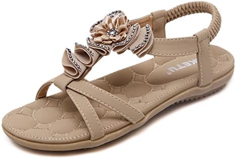 Noebo Women's Leather Flowers Summer Fashion Flat Sandals Beige 36 5.5 D(M) US