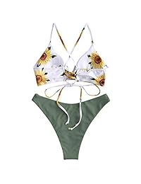Bikini de corte alto con cordones y estampado de girasol, para dama