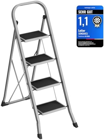 Trittleiter, Leiter mit 4 Stufen, Klapptritt, Klappsicherung, einfach zu verstauen, bis 150 kg belastbar, Taubengrau GSL004G01