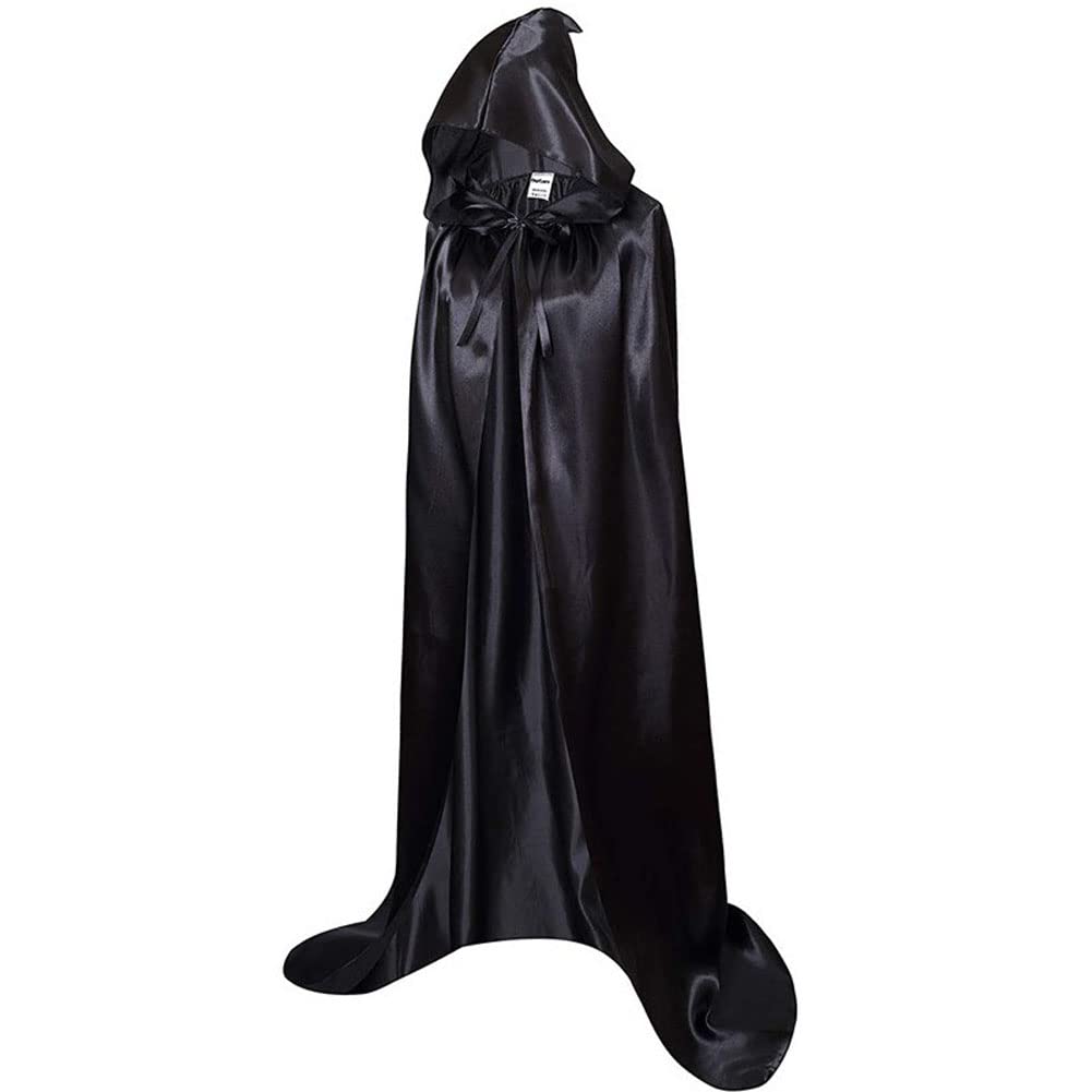 RongXuan Halloween cape, adult black cape with hood, long satin hooded cape, cape costume for Halloween, carnival, vampire