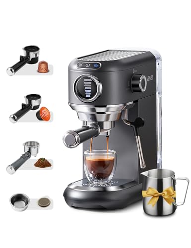 Cafelffe MK-601F 4-in-1 Capsule Coffee Machine with Milk Frother & Pitcher, Hot/Cold Brew Espresso Coffee Maker Compatible with Nes/DG Pods/ESE Pod/Ground Coffee,Compact for Home/Office Use,Gray