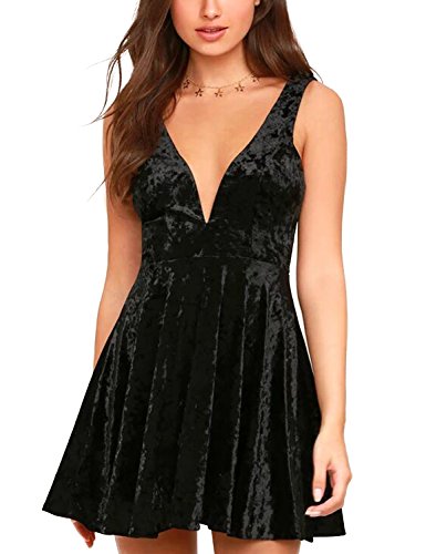 [- Blooming Jelly Women's Velvet Deep V Neck Mini Dress Strappy Sleeveless Open Back Elastic Pleate