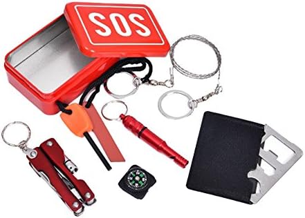 Molumo Outdoor Portable Multi-Functional Tool Survival Gear Kit Includes Pocket Knife, Compass, Whistle, Fire Starter and Wire Saw for Emergency Disaster Hiking Camping (Red)