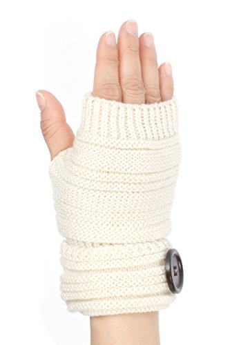 LL Womens Ivory Fingerless Knitted Glove For Winter Arm Warmer Thumbhole Button