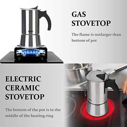 elabo Stovetop Espreeso Machine and Moka Pot for Gas or Electric Ceramic Stovetop, Italian Espresso Coffee Shot Maker for Italian Espresso, Cappuccino and Latte, 304 Stainless Steel, 6 Cups