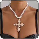 Gothic Cross Necklace for Women Vintage Pearl Cross Pendant Necklace Chunky Pearl Necklace Punk Big Cross Necklace Goth Halloween Birthday Wedding Jewelry