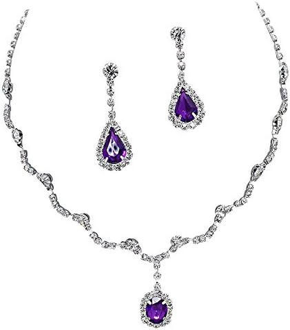 Elegant Purple Scallop Y Drop Crystal Rhinestone Bridesmaid Bridal Necklace Earring Set Wedding Bling P1