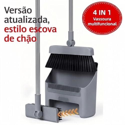 Conjunto de Vassoura e Pá de Lixo Dobrável 4 em 1, Cabo Longo Ajustável, Dentes Raspadores Antienroscamento, para Cozinha e Casa