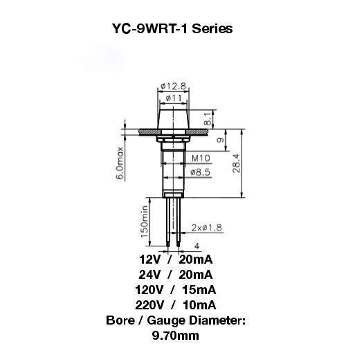YuCo YC-9WRT-1G-120-10 9mm Led Indicator Miniature Pilot Light 120V AC or DC, Green