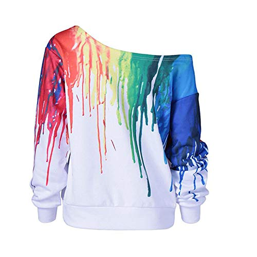 JOFOW Womens Sweatshirt,Splash Spray Colorful Rainbow Print Cold Off Shoulder Shirt Casual Long Sleeve Loose Tops (M,White-1)