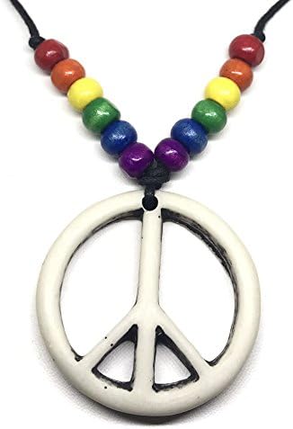 Nove Jewelry Leather Rainbow Peace Sign Necklace - Peace Symbol Necklace - Resin Peace Sign Pendant - Adjustable Black Cord (White)