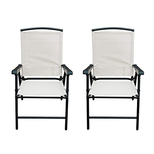 SunLife Modern Outdoor Folding Lawn Chairs with Steel Frame, Portable for Lawn, Garden, Patio, Beach Set of 2, Black Frame/Beige Fabric