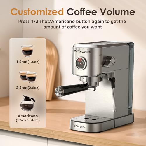 Spacekey Espresso Machine with Milk Frother, 20 Bar Compact Expresso Coffee Machines for Home, Stainless Steel Espresso Maker with 39oz Removable Water Tank for Cappuccino Latte, Fast Heating, Silver