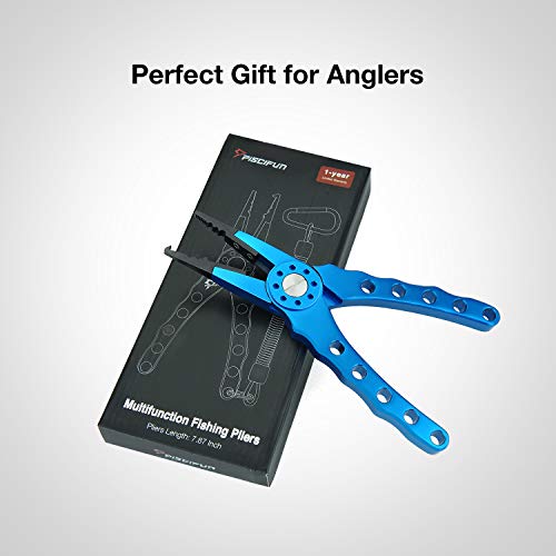 Piscifun Aluminum Saltwater Pliers Split Ring Pliers Hook Remover Braid Cutters Fish Holder with Sheath and Lanyard (Blue 7.87" Pliers)