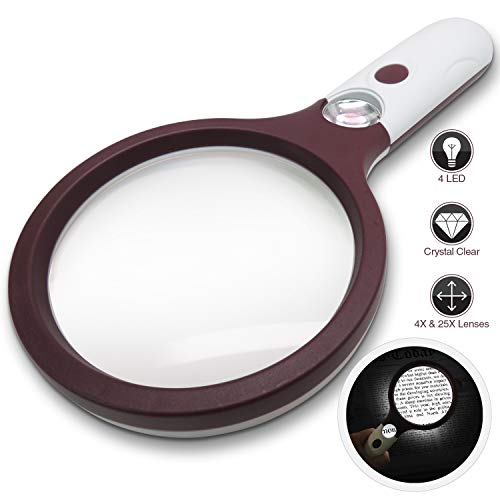 Extra Large 4X Magnifying Glass with 4 Ultra Bright LED Lights & 25X Zoom Lens, [Upgraded] Adjustable Brightness Level Illunimated Magnifier for Reading Small Prints, Aging Eyes Seniors & Hobbies