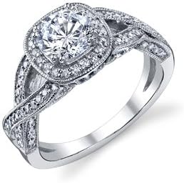 14k White Gold Claudia Twisted Band Diamond Halo Ring With
