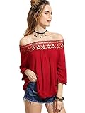 ROMWE Women's Off Shoulder Boat Neck Blouse Half Sleeve Lace T-Shirt Red L