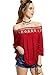 ROMWE Women's Off Shoulder Boat Neck Blouse Half Sleeve Lace T-Shirt Red L