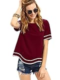 MakeMeChic Women's Waved Print Trim Short Sleeve Summer T-shirt Tops Blouse Burgundy S