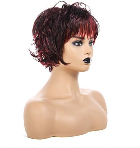 ATOZBeauty Mixed Black and Burgundy Wigs Short Women Hair Fashion and Full Layered None Lace Synthetic Wigs for Fashion Women (Short Pixie Cut Hair)