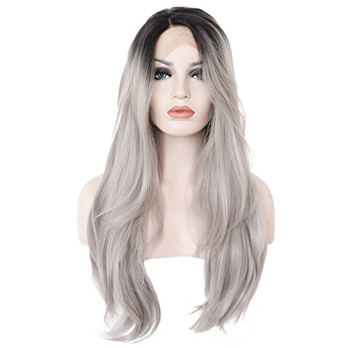 Ebingoo Long Body Wave Dark Root Ombre Gray Lace Front Wigs Synthetic Hair Wigs Half Hand Tied (24inches)