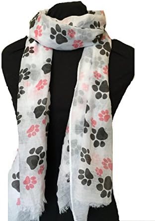White dog paw print long scarf with frayed edge.