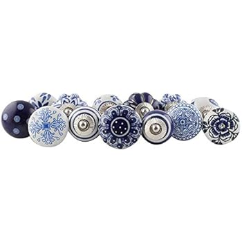 IndianShelf Handmade Assorted Pack of 25 Decorative Blue Knobs Floral Handles Ceramic Cabinet Pulls Mix Vintage Combo