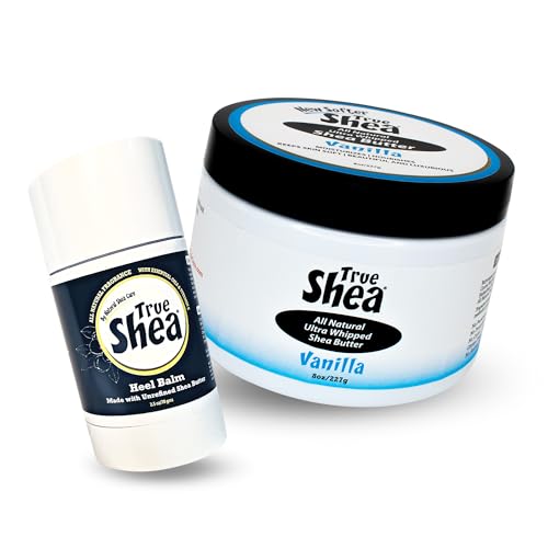 True Shea - 1 Heel Balm(2.5 oz) + 1 Vanilla Whipped Shea Butter(8 oz) Moisturizing Beauty Bundle, Feet Moisturizer for Cracked Heel, Shea Butter with Sunflower Oil & Coconut Oil for Skin