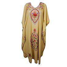 Mogul Interior Womens Caftan Maxi Dress Beige Embroidered Designer Kaftan One Size