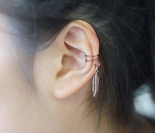 87)Double Little Bird Feather Ear Cuff *Antique Copper