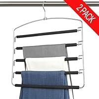 Bloberey Pants Hangers 5 Layers Metal Slack Magic Hangers Non-Slip Foam Padded Swing Arm Space Saving Hanger Clothes Closet Storage Organizer for Pants Jeans Trousers Skirts Scarf Ties Towels（2 Pack）