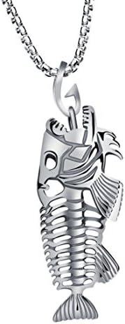 Chimoly Men Titanium Stainless Steel Necklace Punk Style Fish Skeleton Bones Pendant Silver 23.6"