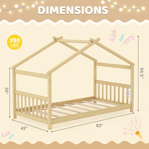 GORELAX Twin Bed Frame, Low Floor Kid House Bed with Roof, Montessori Floor Bed, Headboard & Footboard, No Box Spring Needed, Wood Twin Size Platform Bed Frame for Boys, Girls (Natural, Twin)